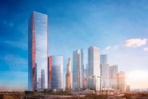 Началось обустройство фасадов двух корпусов бизнес-центра iCITY