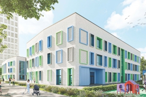 Здание образовательного комплекса в Гольянове оформят зелено-голубыми пластинами