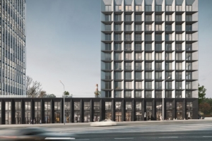 Начался монтаж гранитного фасада бизнес-центра у метро «Ленинский проспект»